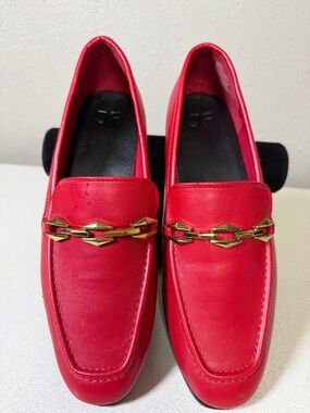 Men's Red Leather Slip-On Loafers with Gold Chain Accent